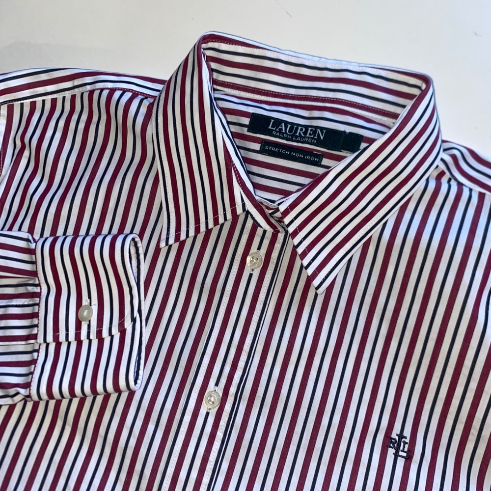 Lauren Ralph Lauren Womens Striped Stretch Non-Iron Button Down Shirt Burgundy L